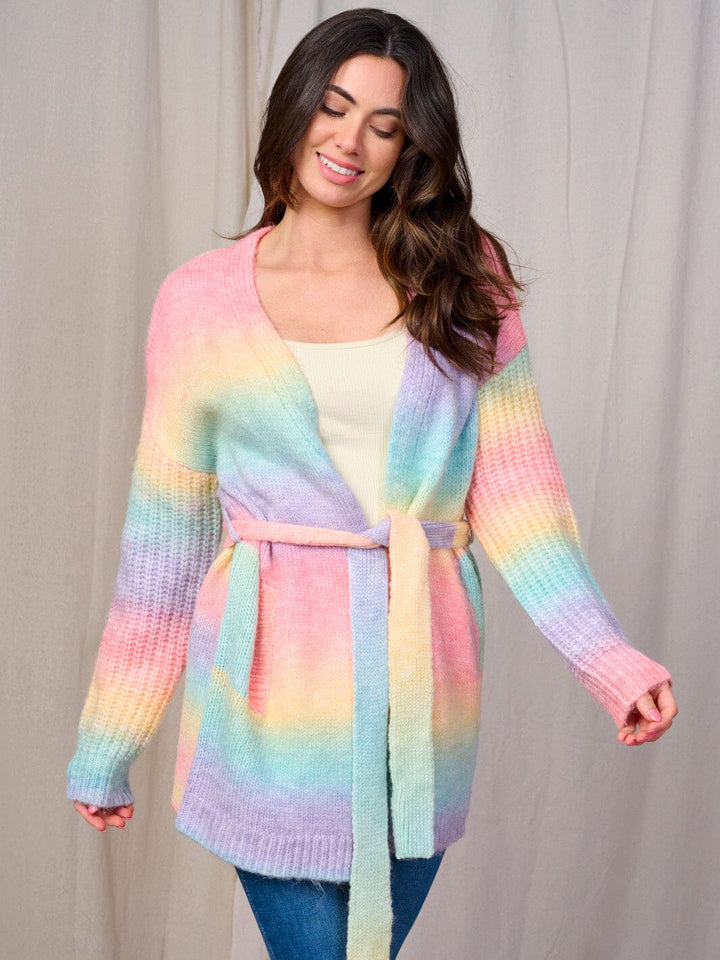 WOMEN'S LONG SLEEVE OPEN FRONT SELF TIE POCKETS COLORBLOCK CARDIGAN