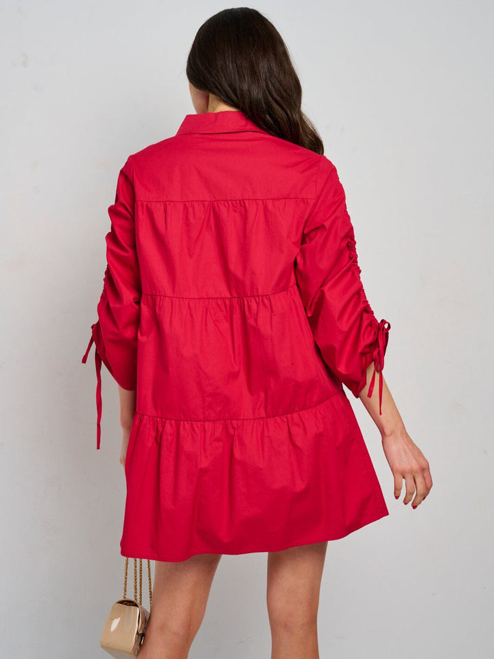 WOMEN'S LONG RUCHED SLEEVE BUTTON CLOSURE TIERED MINI DRESS