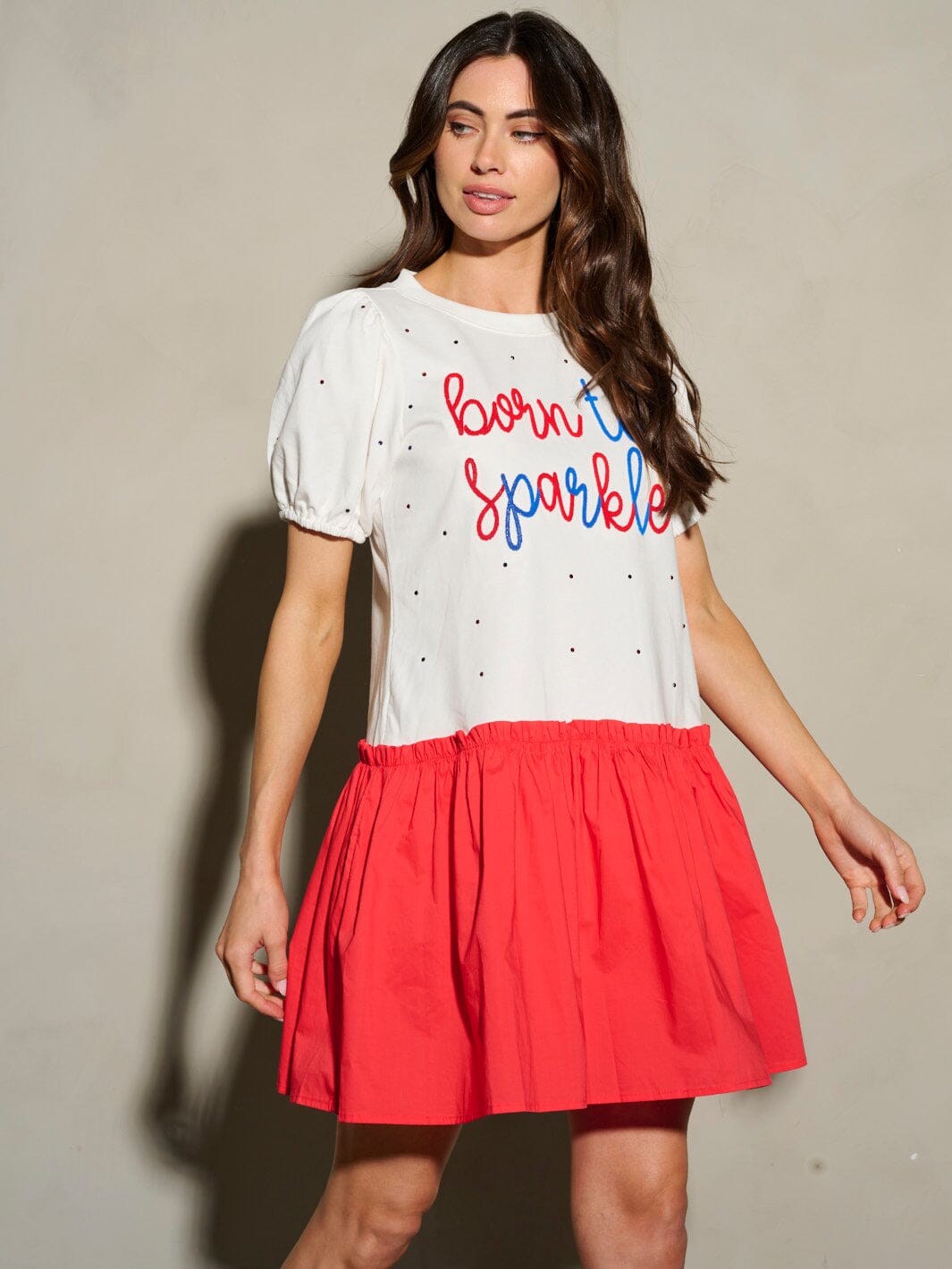 WOMEN'S SHORT PUFF SLEEVE BORN TO SPARKLE PATRIOTIC MINI DRESS