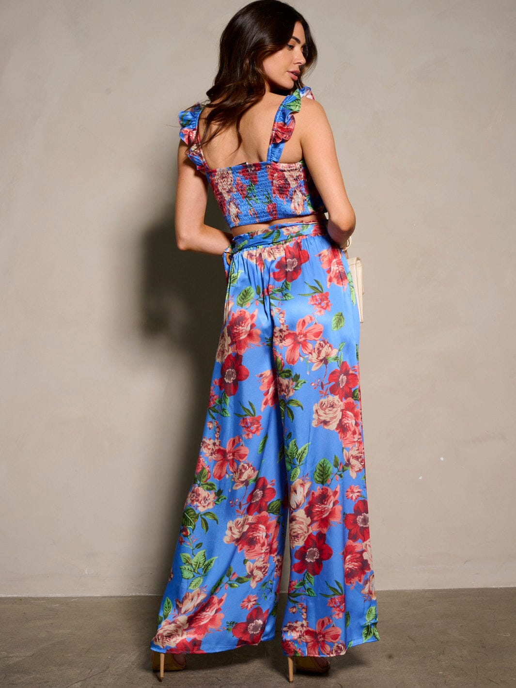 WOMEN'S SLEEVELESS CROP TOP & BELTED PANTS FLORAL 2PC. SET