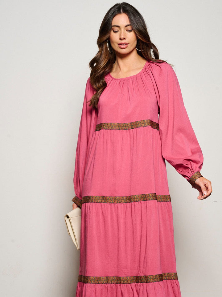 WOMEN'S LONG SLEEVE TRIM DETAILED TIERED MAXI DRESS