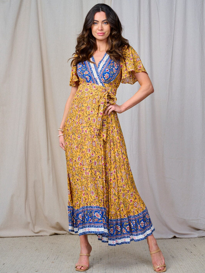 WOMEN'S SHORT SLEEVE SELF TIE MULTI PRINT WRAP MAXI DRESS