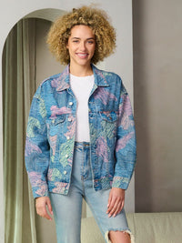 WOMEN'S LONG SLEEVE BUTTON CLOSURE PRINTED DENIM JACKET