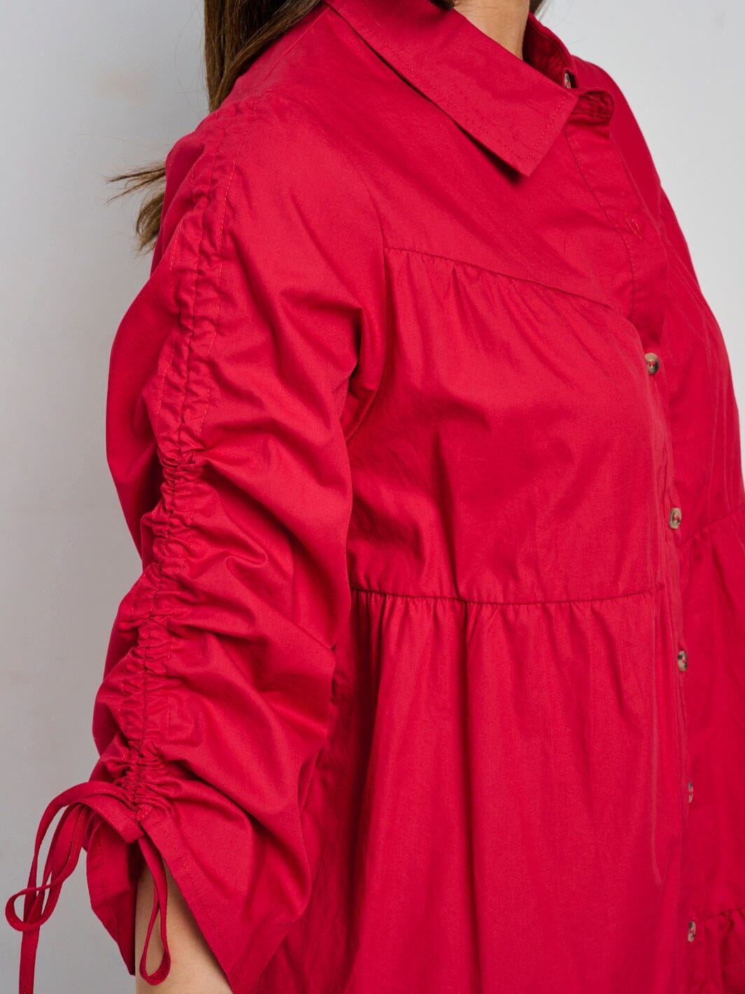 WOMEN'S LONG RUCHED SLEEVE BUTTON CLOSURE TIERED MINI DRESS