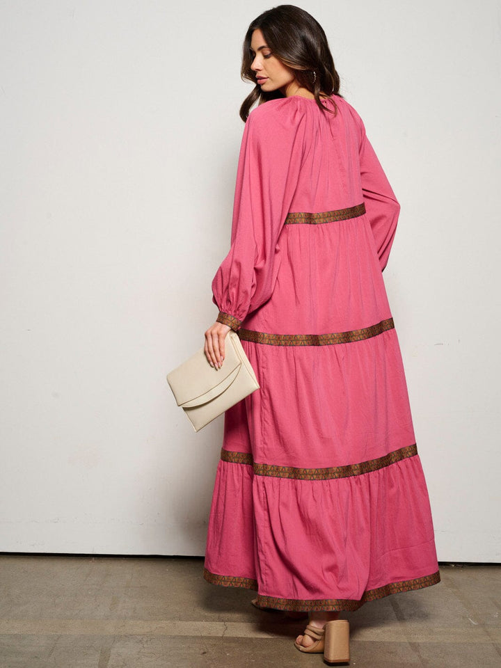 WOMEN'S LONG SLEEVE TRIM DETAILED TIERED MAXI DRESS