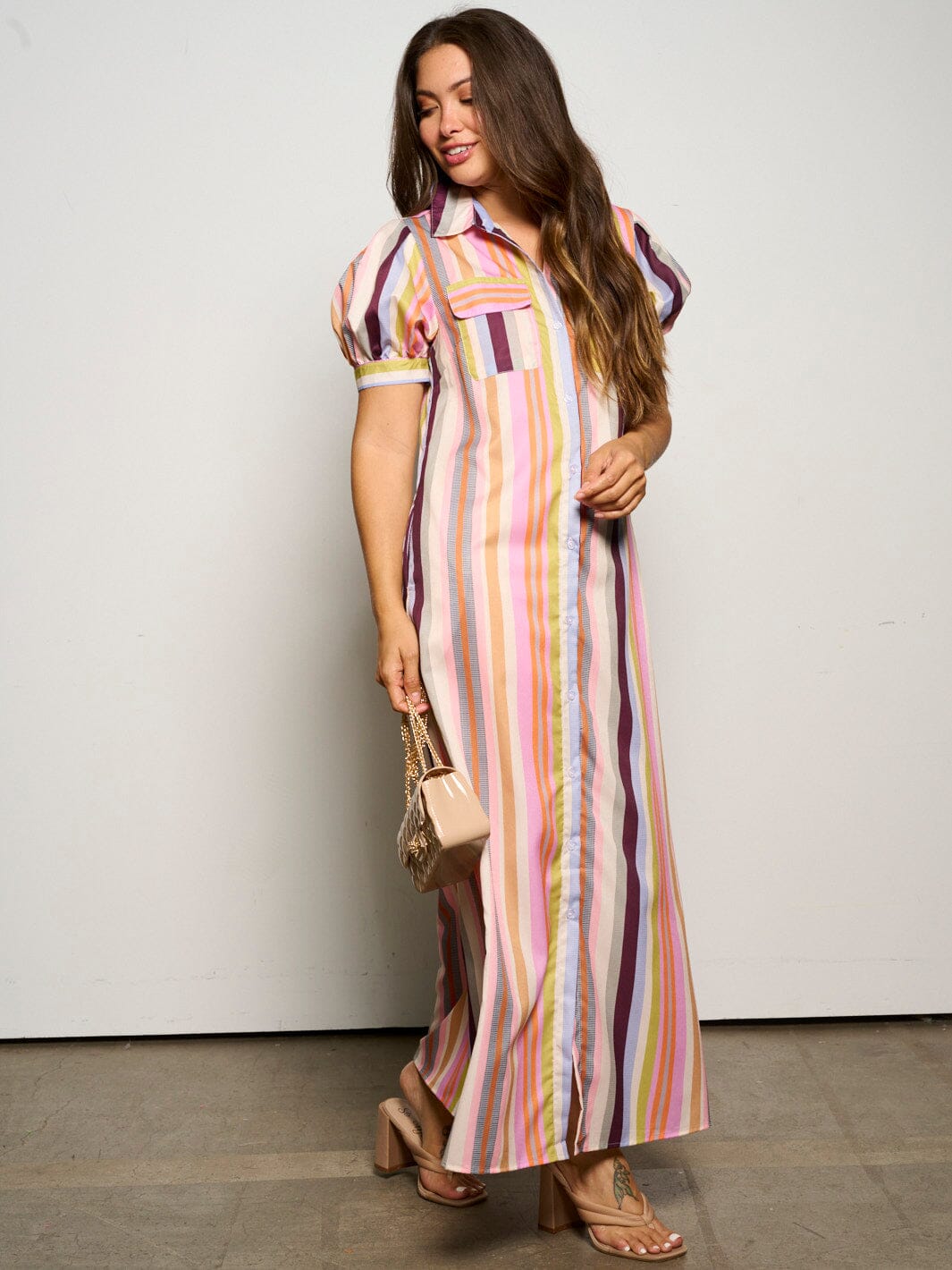 WOMEN'S SHORT SLEEVE POCKETS BUTTON UP MULTI STRIPES MAXI DRESS