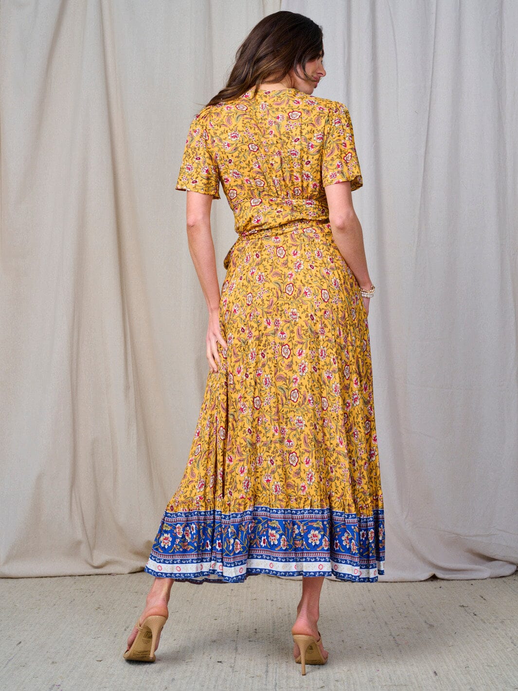 WOMEN'S SHORT SLEEVE SELF TIE MULTI PRINT WRAP MAXI DRESS