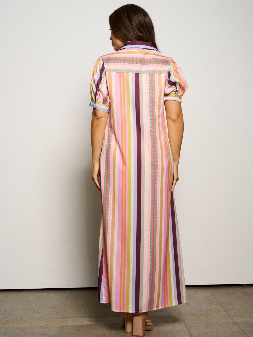 WOMEN'S SHORT SLEEVE POCKETS BUTTON UP MULTI STRIPES MAXI DRESS