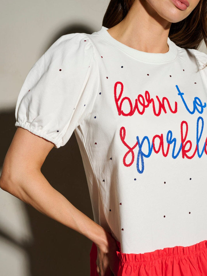 WOMEN'S SHORT PUFF SLEEVE BORN TO SPARKLE PATRIOTIC MINI DRESS