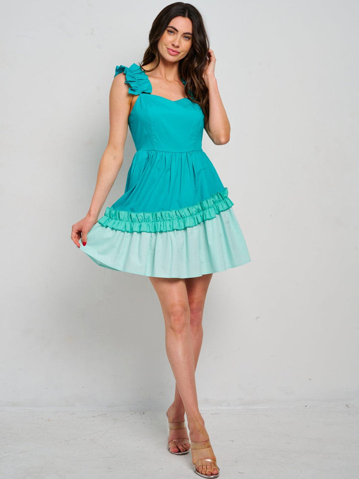 WOMEN'S SLEEVELESS RUFFLE TIERED COLORBLOCK MINI DRESS