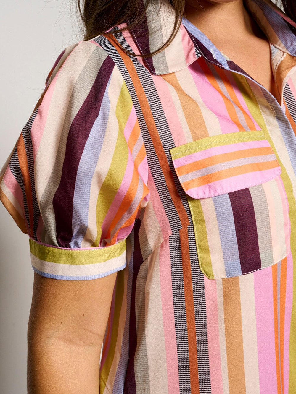 WOMEN'S SHORT SLEEVE POCKETS BUTTON UP MULTI STRIPES MAXI DRESS