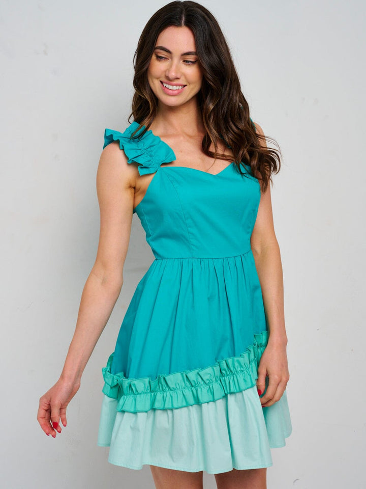 WOMEN'S SLEEVELESS RUFFLE TIERED COLORBLOCK MINI DRESS