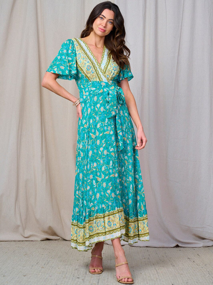 WOMEN'S SHORT SLEEVE SELF TIE MULTI PRINT WRAP MAXI DRESS