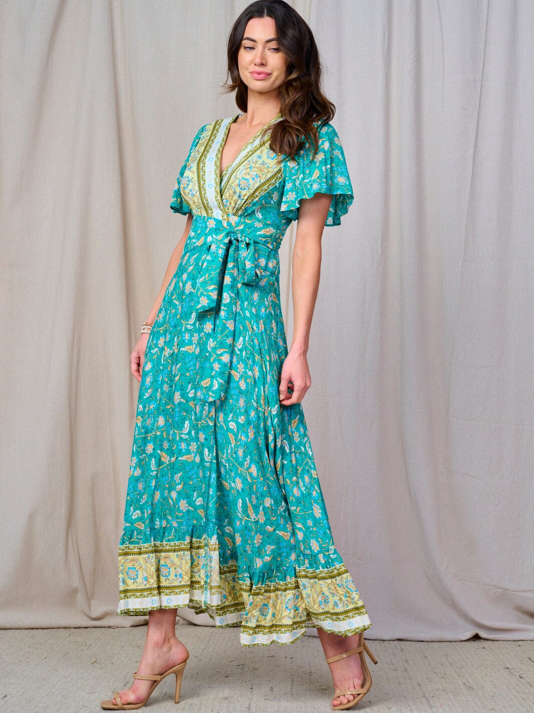 WOMEN'S SHORT SLEEVE SELF TIE MULTI PRINT WRAP MAXI DRESS