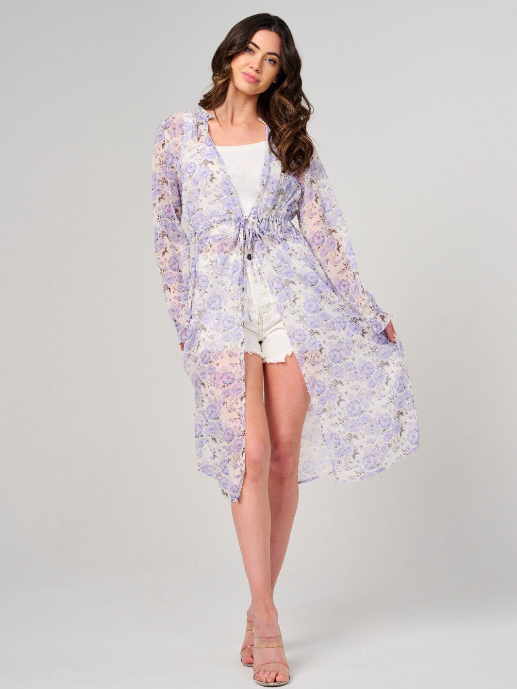 WOMEN'S LONG SLEEVE SELF TIE FLORAL KIMONO