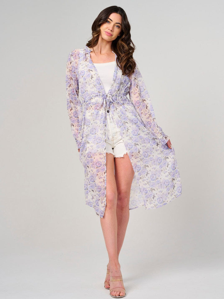 WOMEN'S LONG SLEEVE SELF TIE FLORAL KIMONO