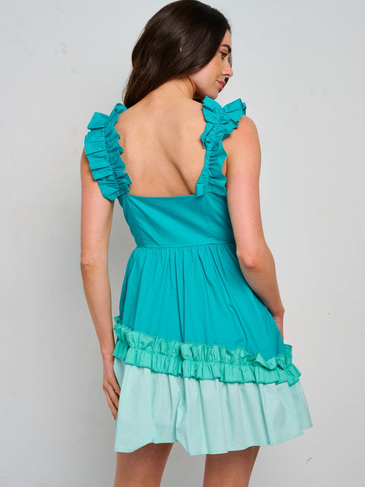 WOMEN'S SLEEVELESS RUFFLE TIERED COLORBLOCK MINI DRESS