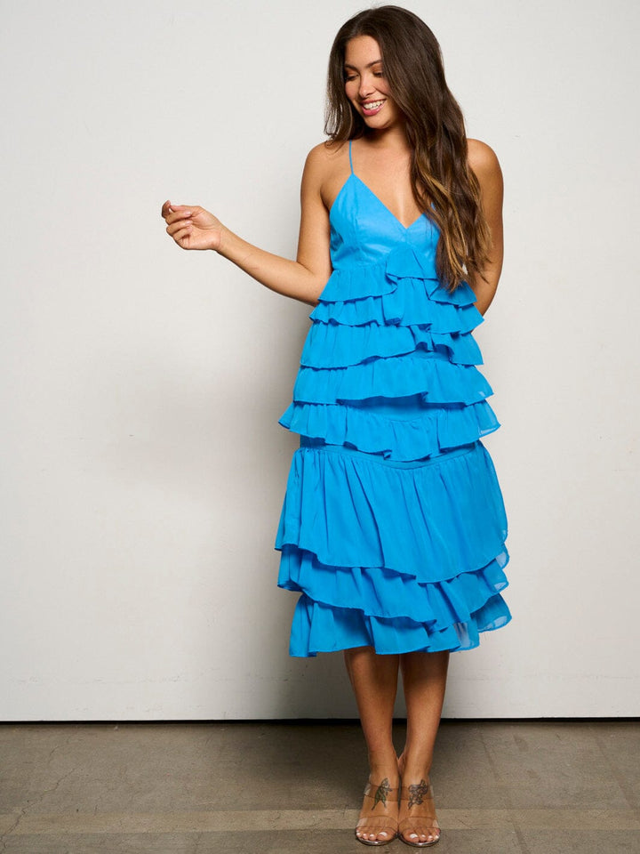WOMEN'S SLEEVELESS OPEN BACK V-NECK RUFFLE TIERED MIDI DRESS