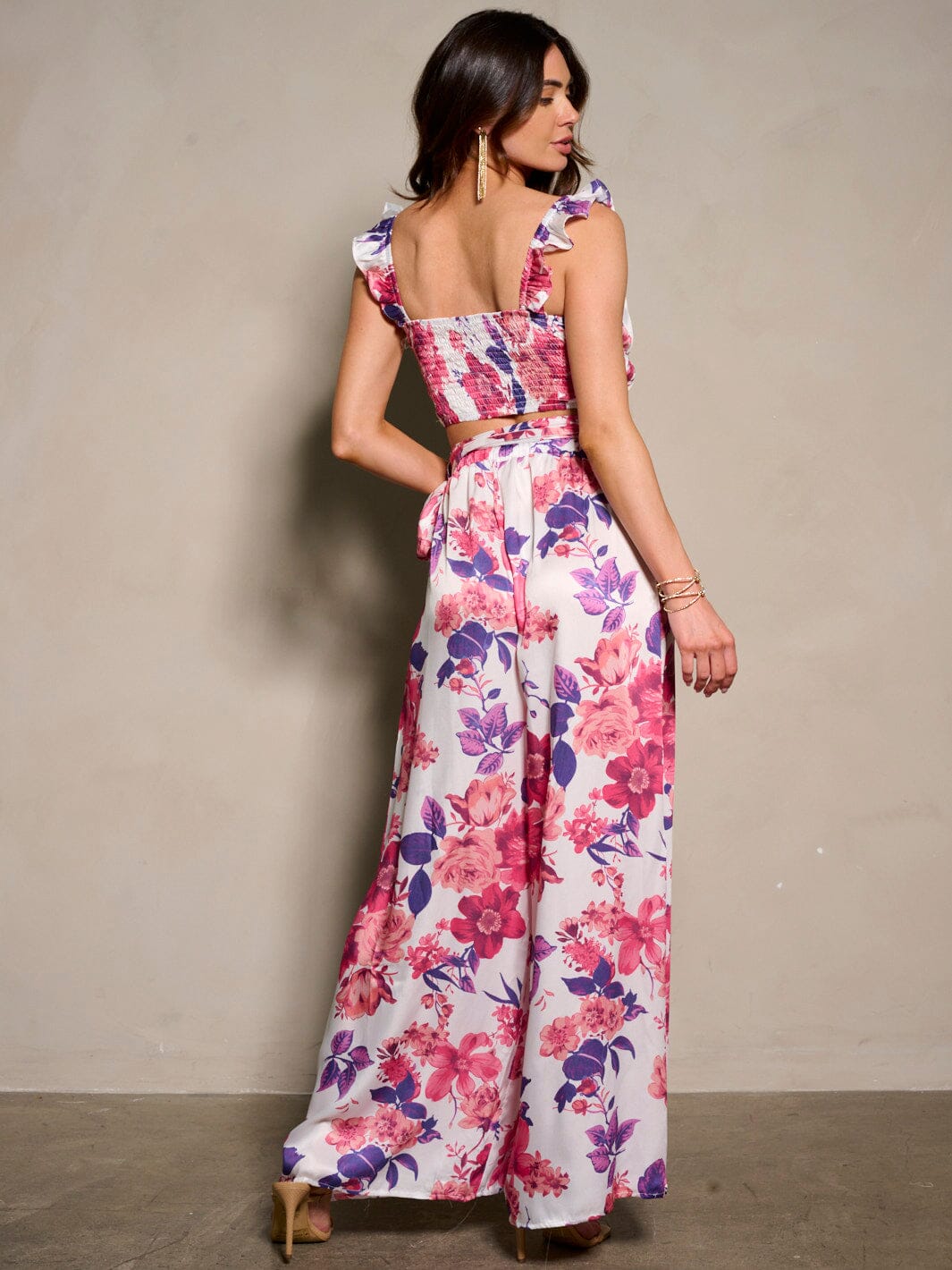 WOMEN'S SLEEVELESS CROP TOP & BELTED PANTS FLORAL 2PC. SET