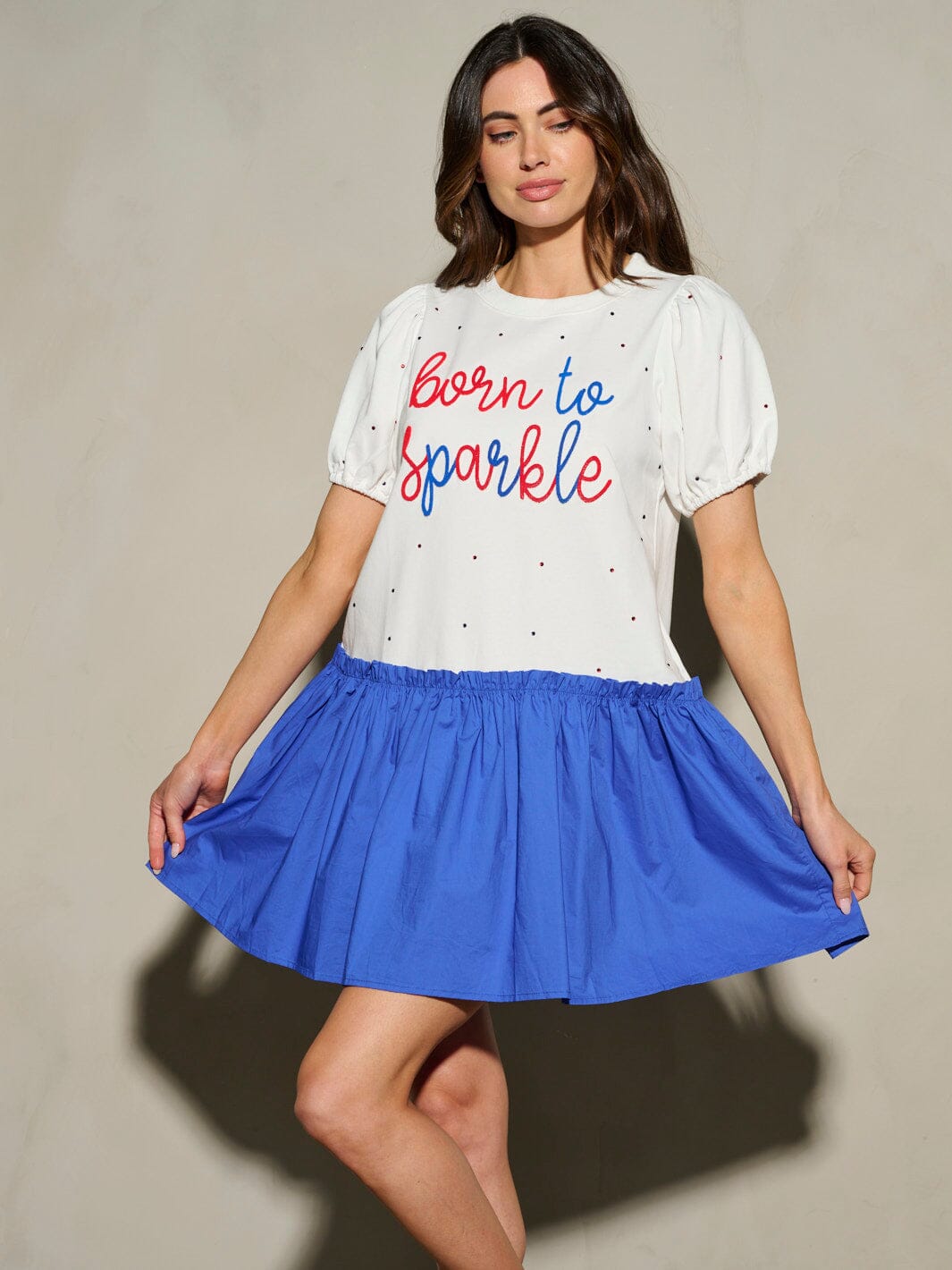 WOMEN'S SHORT PUFF SLEEVE BORN TO SPARKLE PATRIOTIC MINI DRESS