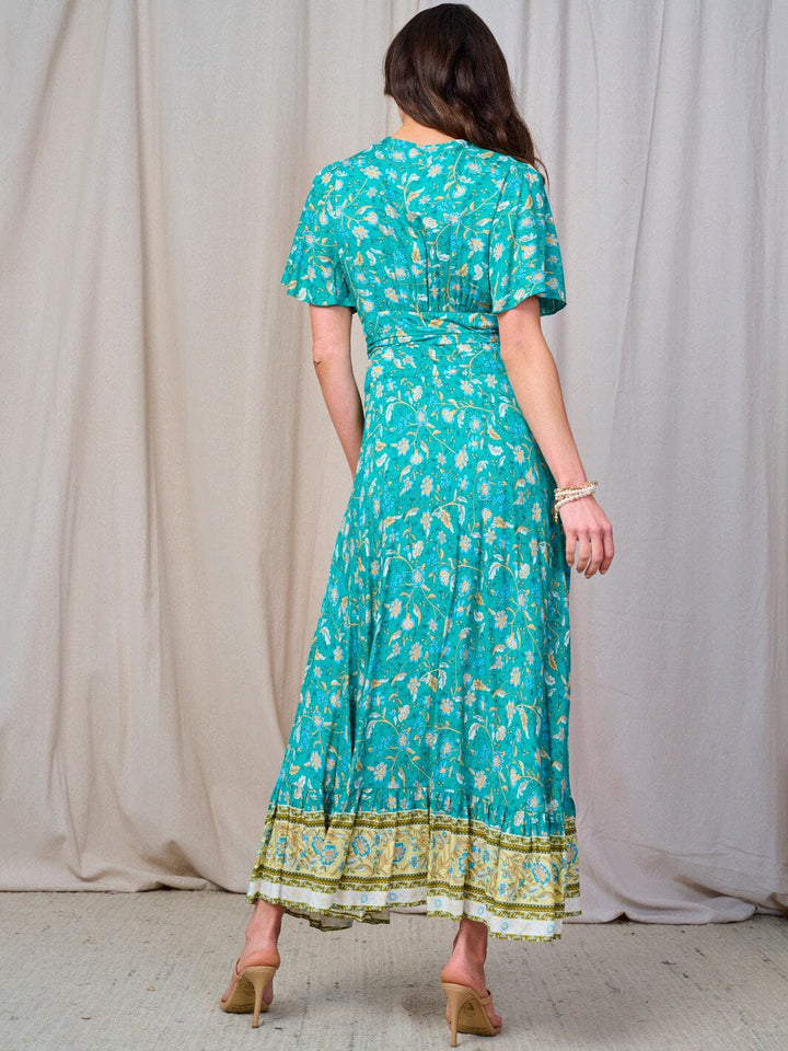 WOMEN'S SHORT SLEEVE SELF TIE MULTI PRINT WRAP MAXI DRESS