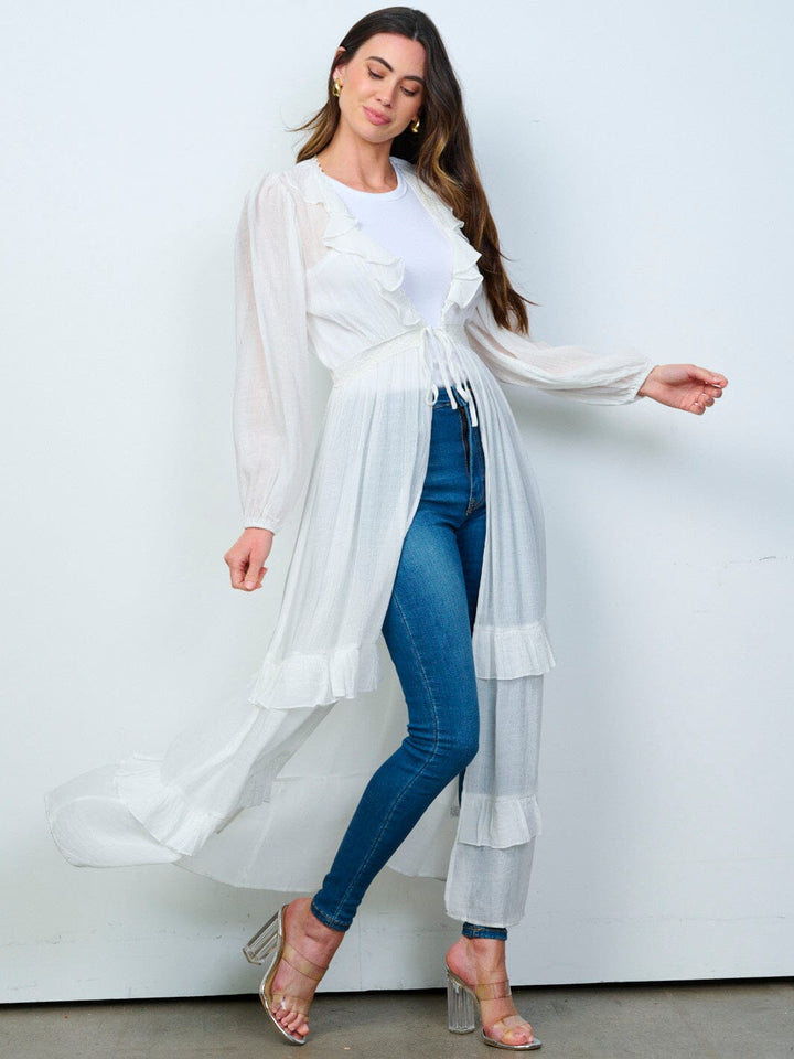 WOMEN'S LONG SLEEVE OPEN FRONT RUFFLE TIERED KIMONO