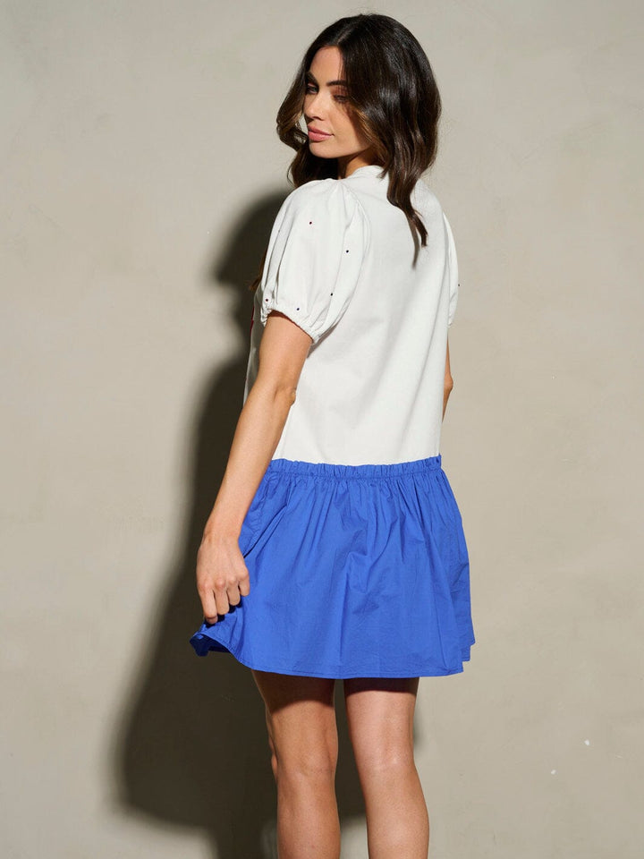 WOMEN'S SHORT PUFF SLEEVE BORN TO SPARKLE PATRIOTIC MINI DRESS