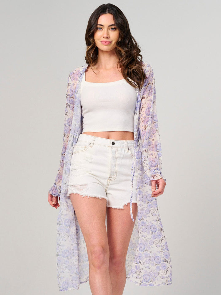 WOMEN'S LONG SLEEVE SELF TIE FLORAL KIMONO