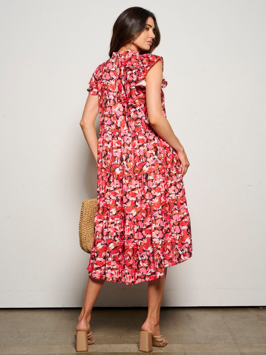 WOMEN'S RUFFLE SLEEVE MOCK NECK POCKETS FLORAL MIDI DRESS