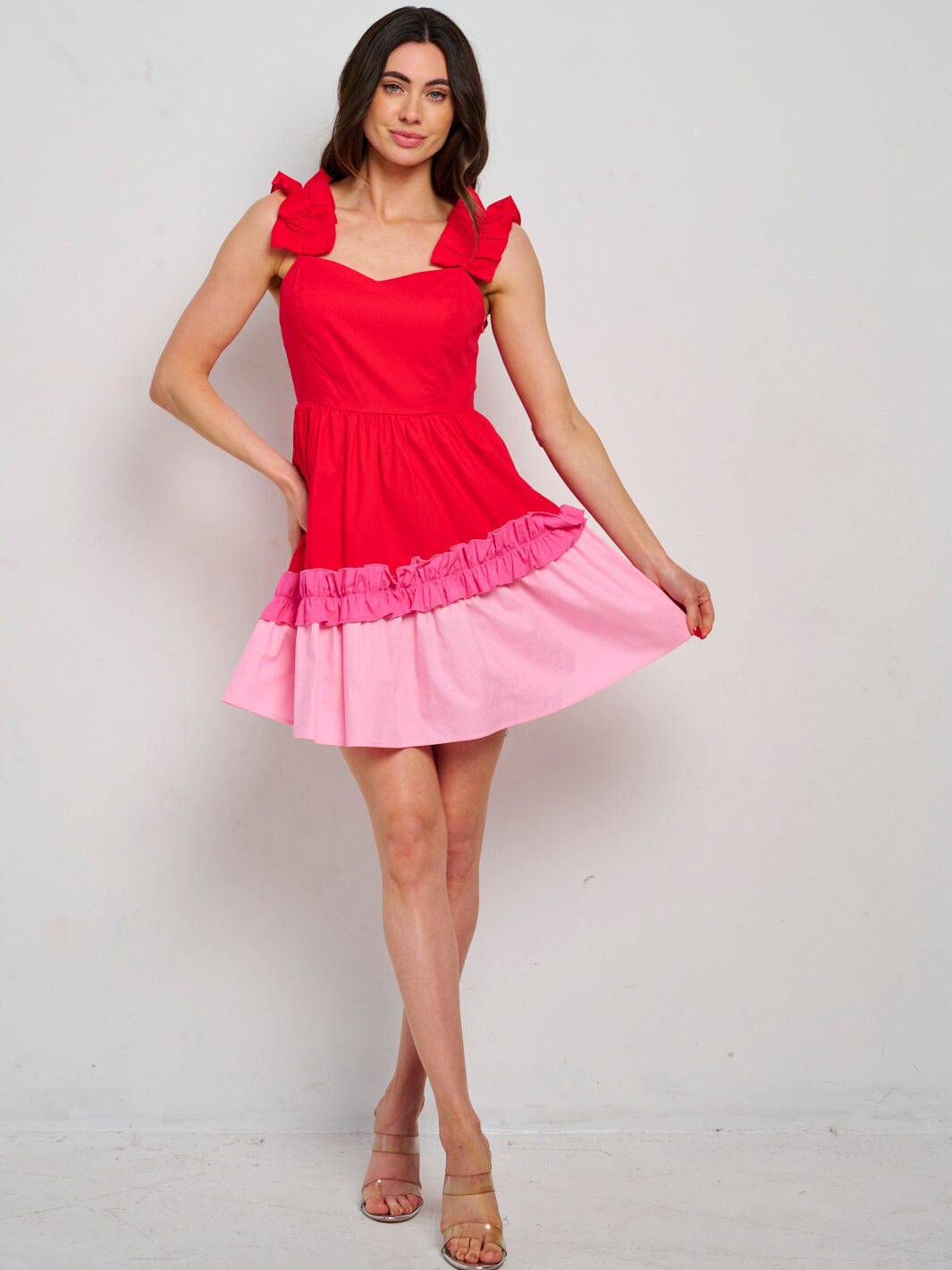 WOMEN'S SLEEVELESS RUFFLE TIERED COLORBLOCK MINI DRESS