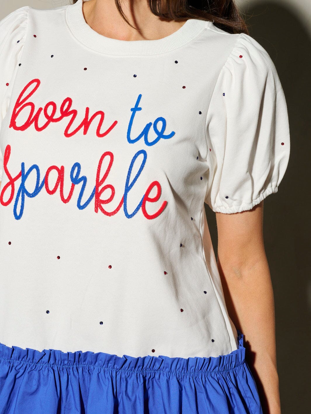 WOMEN'S SHORT PUFF SLEEVE BORN TO SPARKLE PATRIOTIC MINI DRESS