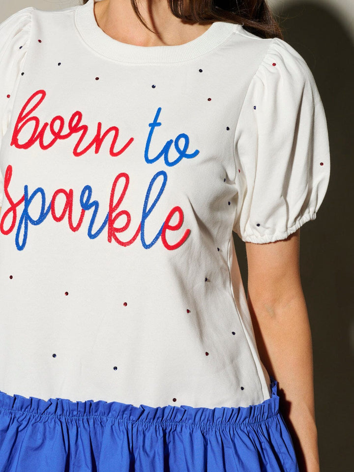 WOMEN'S SHORT PUFF SLEEVE BORN TO SPARKLE PATRIOTIC MINI DRESS