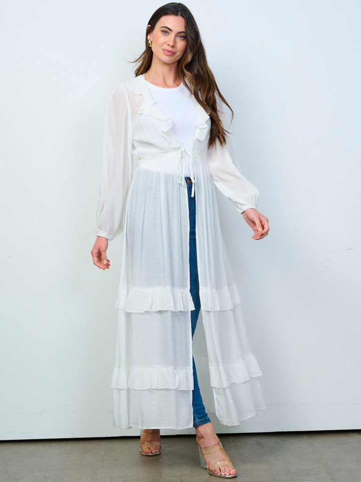 WOMEN'S LONG SLEEVE OPEN FRONT RUFFLE TIERED KIMONO