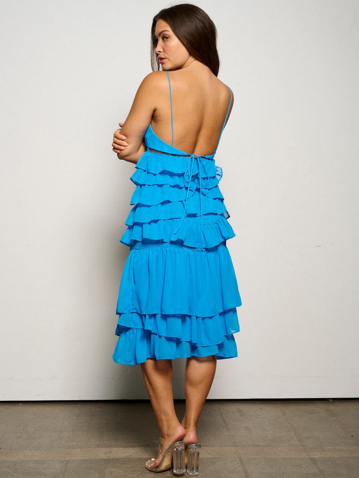 WOMEN'S SLEEVELESS OPEN BACK V-NECK RUFFLE TIERED MIDI DRESS