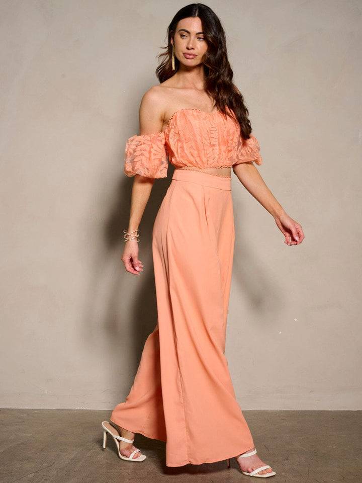 WOMEN'S SHORT SLEEVE CROP TOP & PLEATED PANTS 2PC. SET