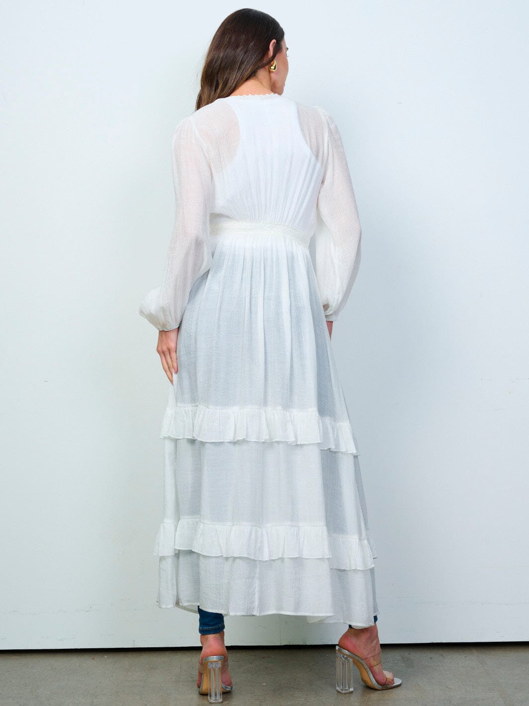 WOMEN'S LONG SLEEVE OPEN FRONT RUFFLE TIERED KIMONO