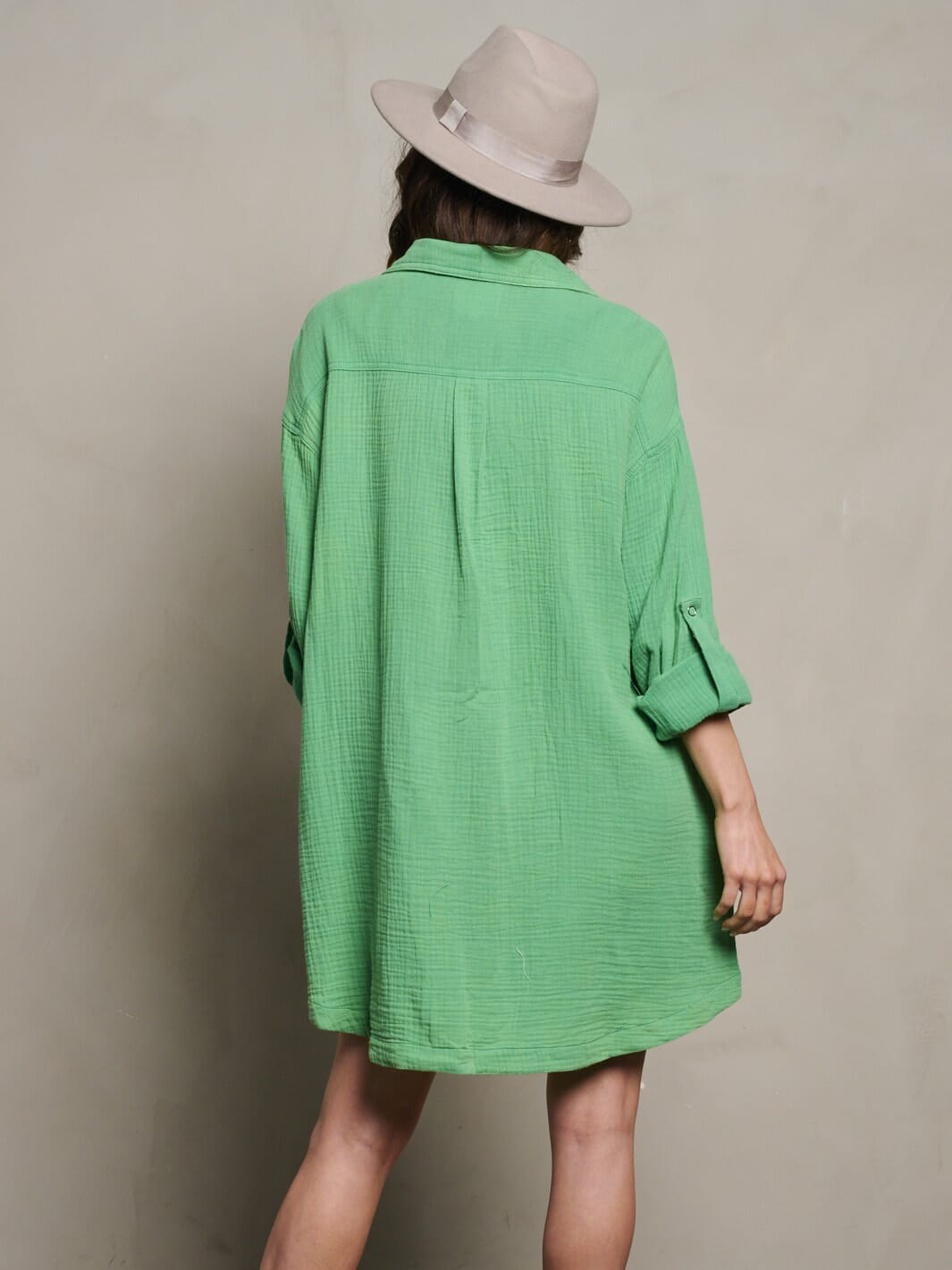 WOMEN'S LONG SLEEVE BUTTON UP TUNIC POCKETS WASHED MINI DRESS