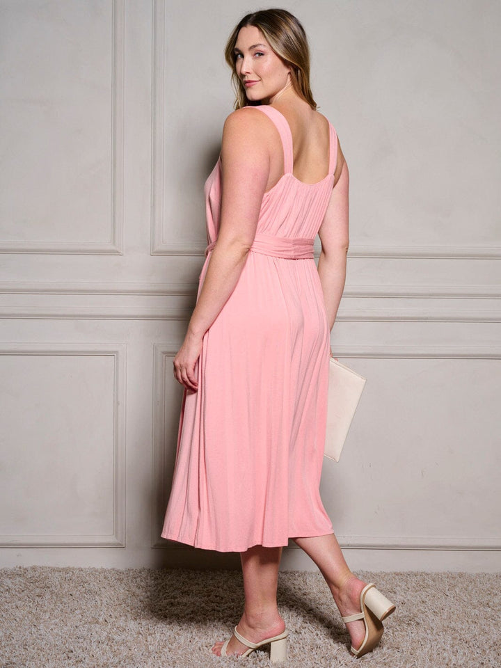 PLUS SIZE SLEEVELESS SQUARE NECK SELF TIE MIDI DRESS