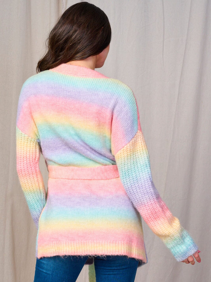 WOMEN'S LONG SLEEVE OPEN FRONT SELF TIE POCKETS COLORBLOCK CARDIGAN