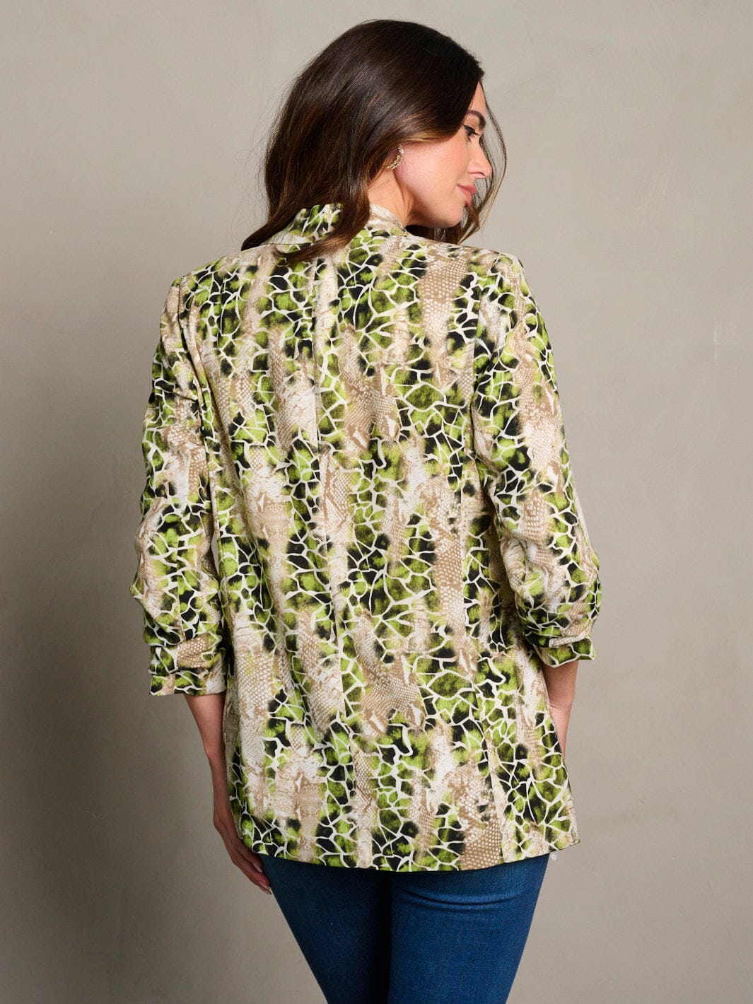 WOMEN'S 3/4 RUCHED SLEEVES OPEN FRONT SNAKE PRINT BLAZER