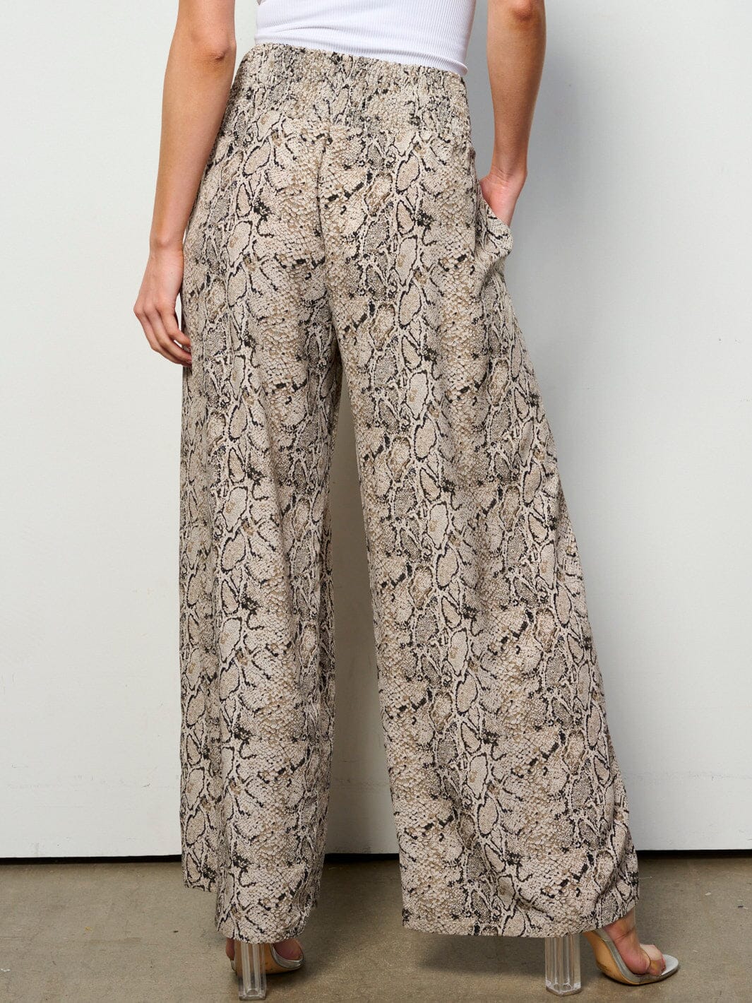 WOMENS ELASTIC WAIST SELF TIE POCKETS SNAKE PRINT WIDE LEG PANTS