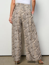 WOMENS ELASTIC WAIST SELF TIE POCKETS SNAKE PRINT WIDE LEG PANTS