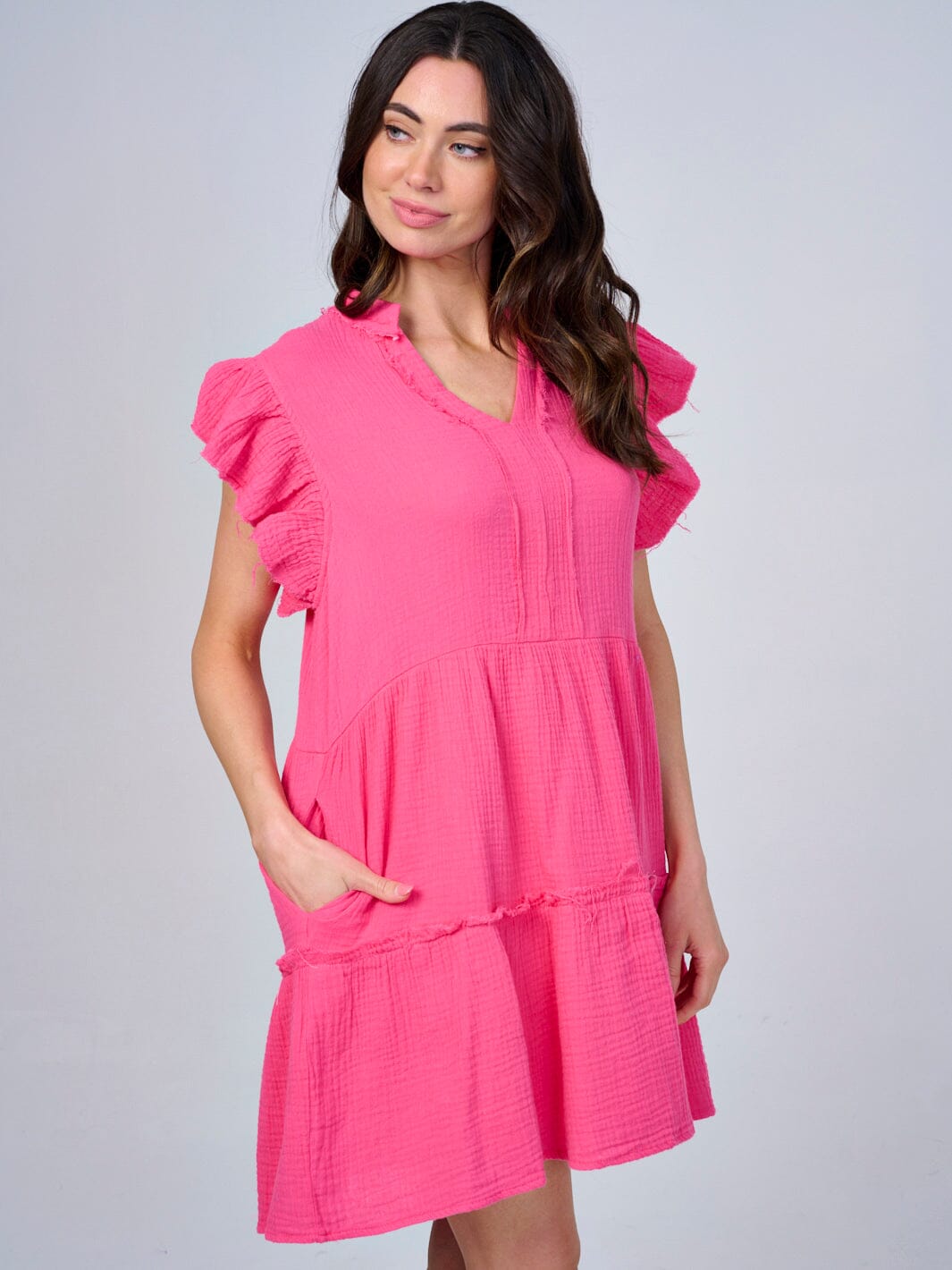 WOMEN'S RUFFLE SLEEVE V-NECK FRONT POCKETS MINI DRESS