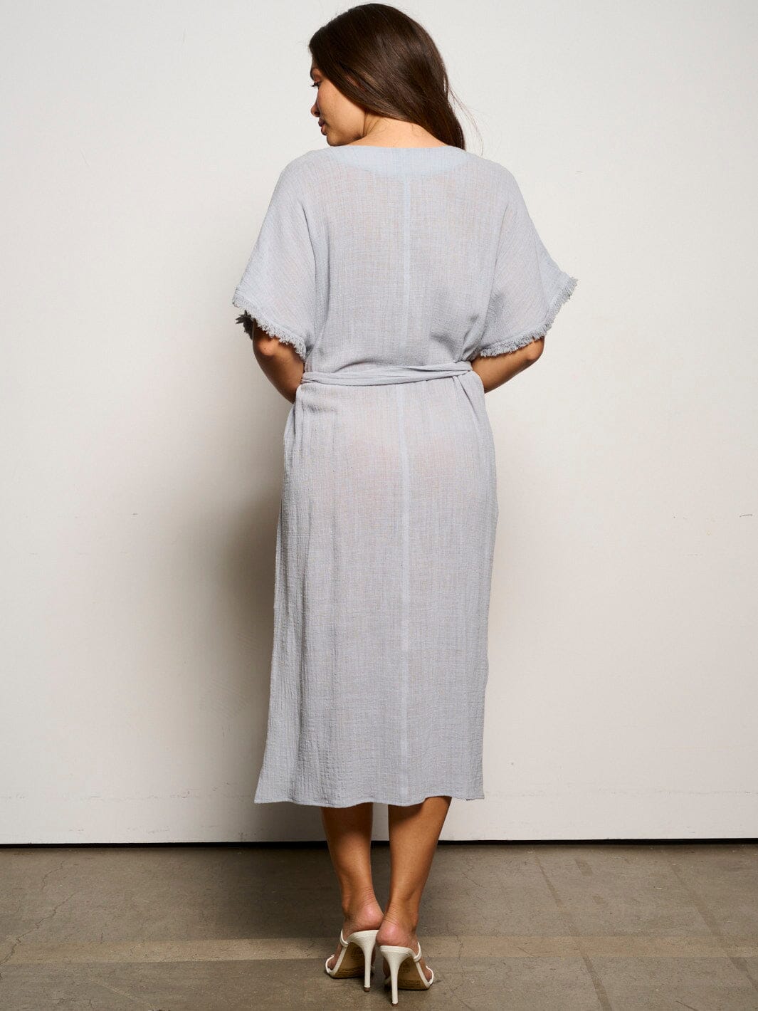 WOMEN'S SHORT SLEEVE V-NECK SELF TIE TUNIC MIDI DRESS