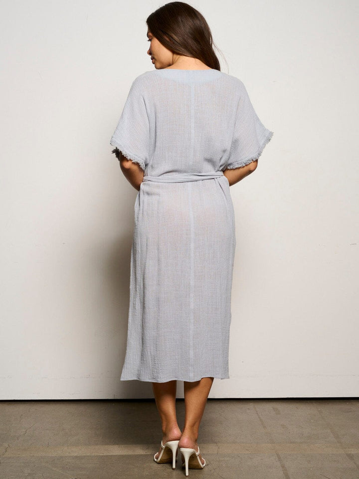 WOMEN'S SHORT SLEEVE V-NECK SELF TIE TUNIC MIDI DRESS
