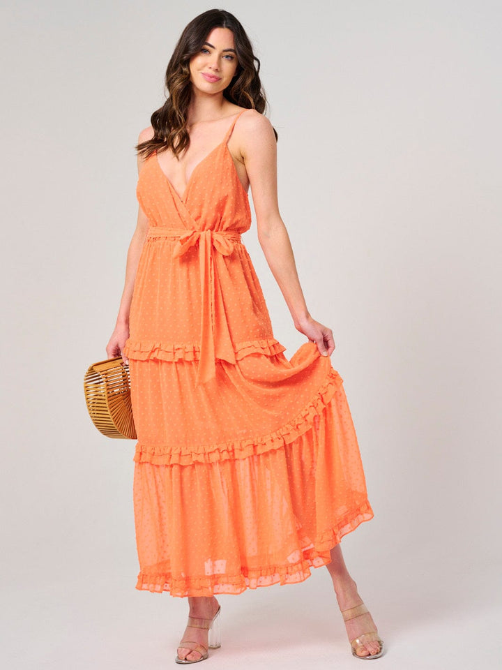 WOMEN'S SLEEVELESS SURPLICE SWISS DOT TIERED MAXI DRESS