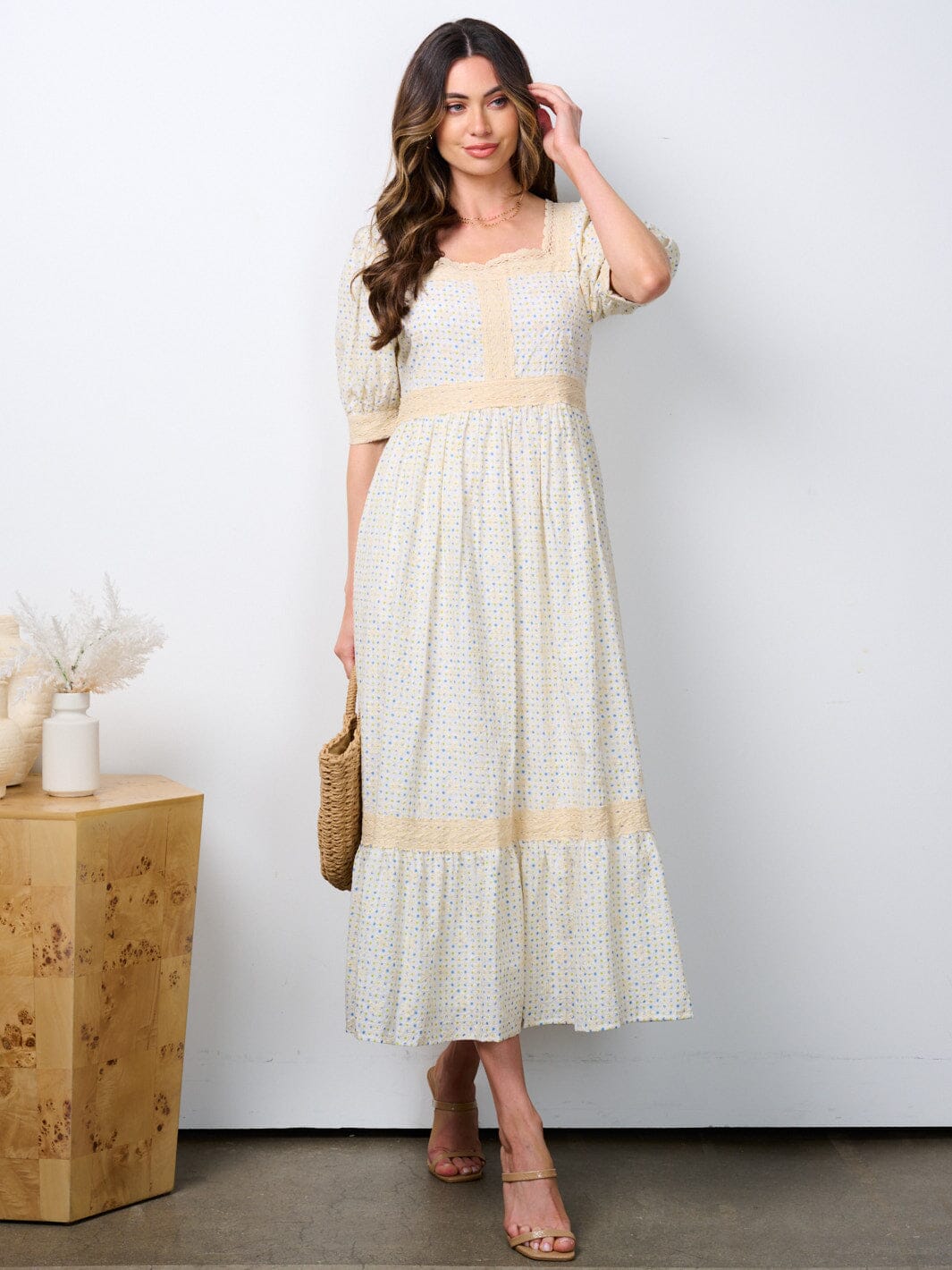 WOMEN'S SHORT PUFF SLEEVE TRIM DETAILED PRINTED MAXI DRESS
