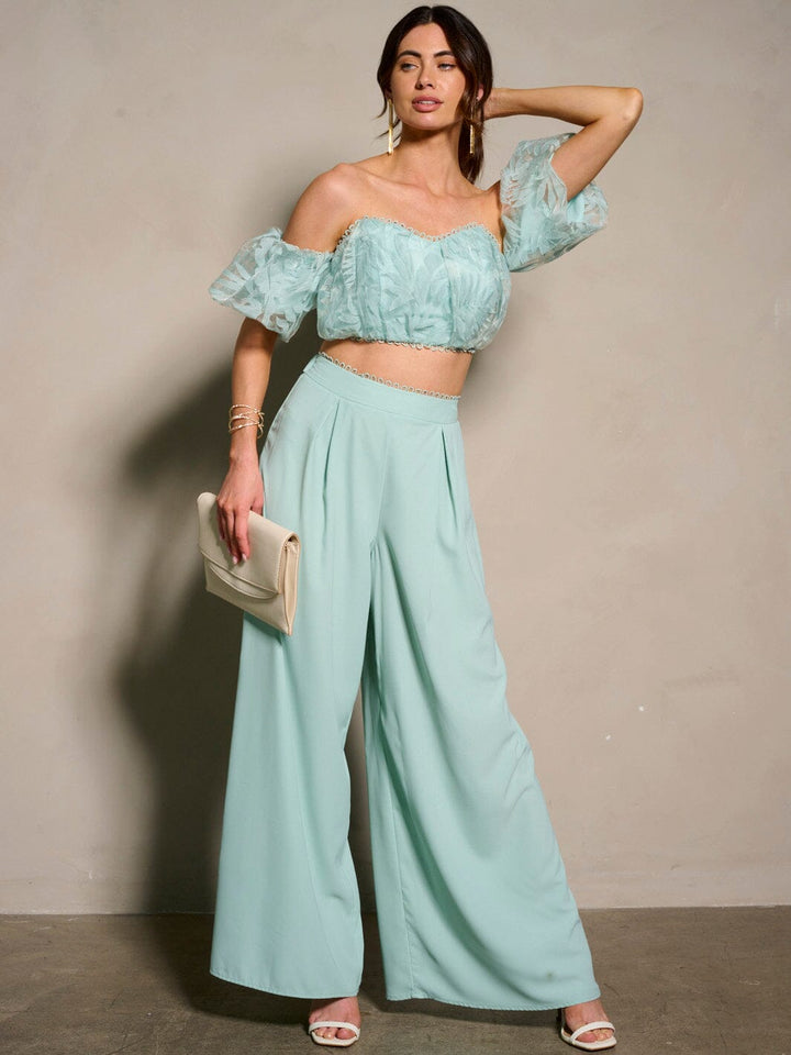 WOMEN'S SHORT SLEEVE CROP TOP & PLEATED PANTS 2PC. SET