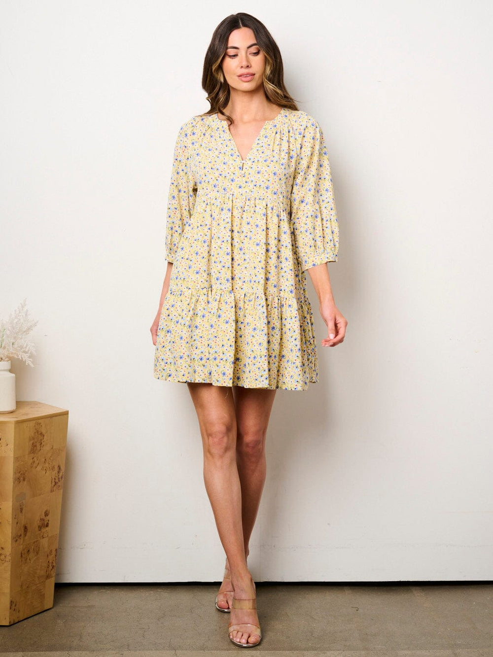 WOMEN'S 3/4 SLEEVE V-NECK FIT & FLARE TUNIC FLORAL MINI DRESS