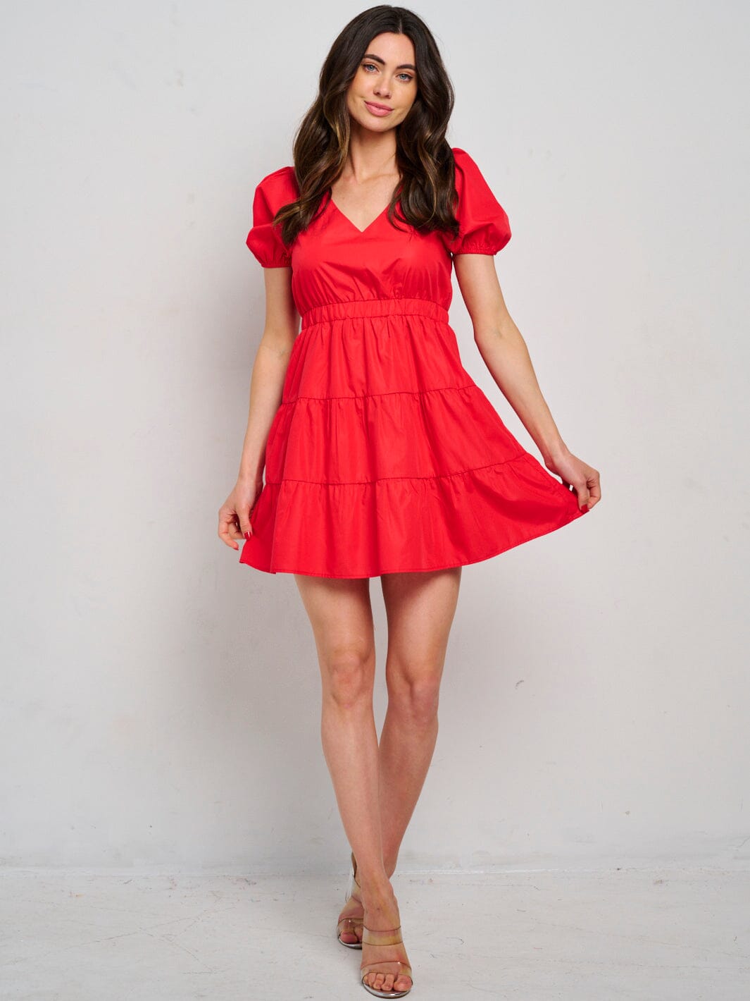 WOMEN'S SHORT SLEEVE V-NECK BACK TIE TIERED MINI DRESS